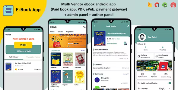 Multi Vendor ebook Android App Paid book app PDF ePub payment gateway admin panel author pa
