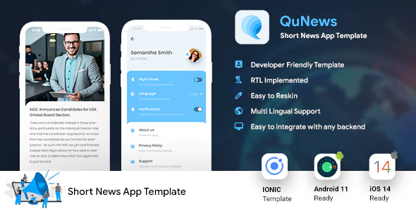2 App Template - Online News App - Blog App, Magazine App - QuNews 1.2 1 Short News Android App Template iOS App Template IONIC 5 QuNews